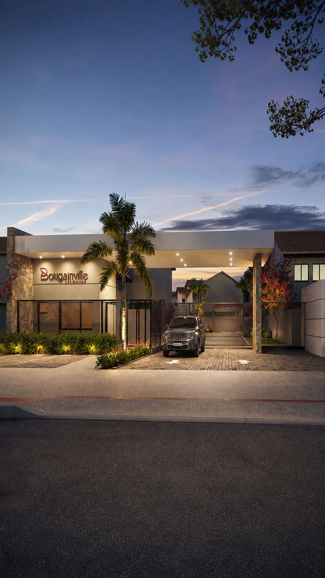 Perspectiva da portaria do Bougainville Residence ao entardecer, com palmeiras e bougainvilles floridas