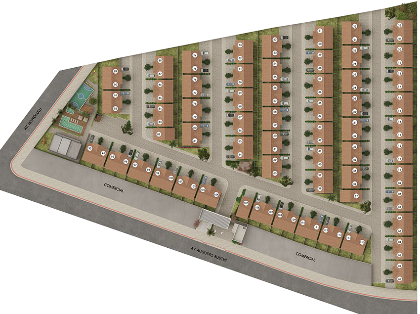 Implantação geral do condomínio Bougainville Residence com as casas duplex e a área de lazer