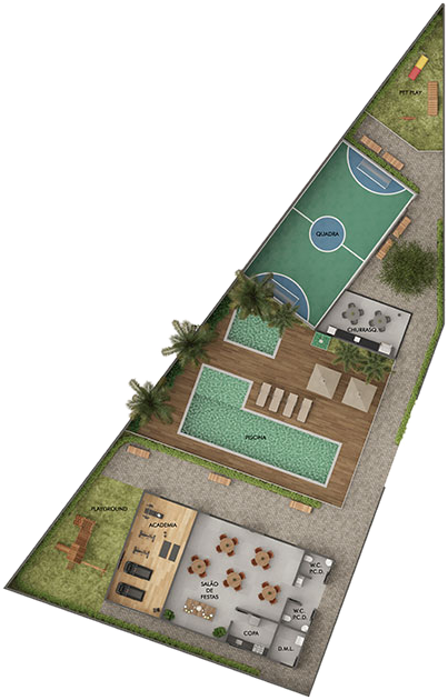 Implantação ampliada da área de lazer com piscina, quadra, playground, academia e salão de festas