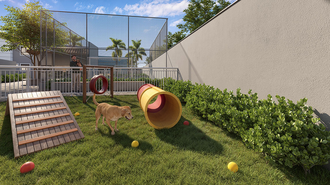 Perspectiva do pet play gramado com obstáculos, túnel e cachorro brincando