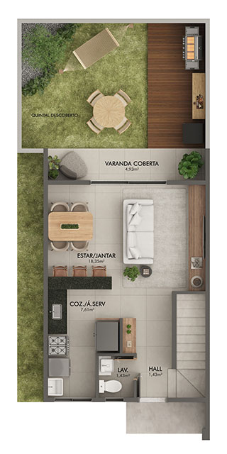 Planta original do primeiro pavimento: estar/jantar, cozinha e área de serviço, lavabo, hall, varanda coberta e quintal