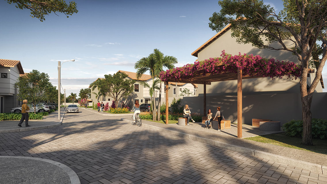 Perspectiva da praça de convívio com pergolado florido de bougainvilles e bancos