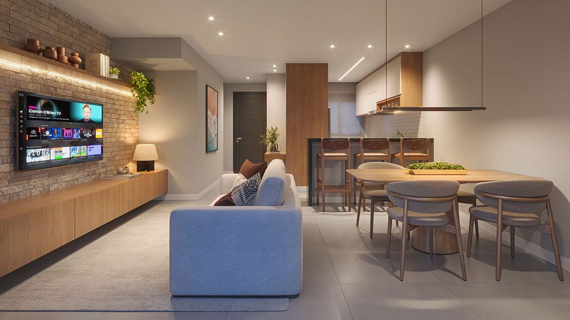 Perspectiva do estar, jantar e cozinha integrados de uma casa duplex